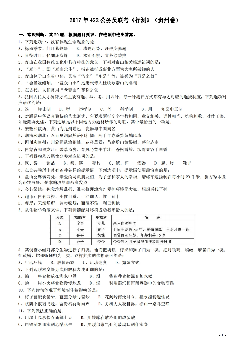 2017年422公务员联考《行测》真题（贵州卷）